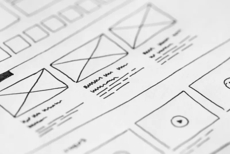 UX wireframe sketches on white paper, showing layout grids and content blocks